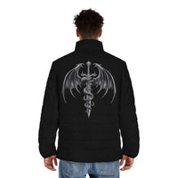 Edgy Men's Dragon Sword Puffer Jacket